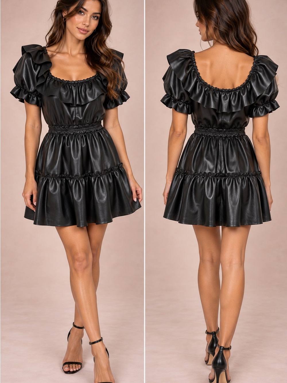 Misa Los Angeles Black Ruffled Faux Leather Mini Dress